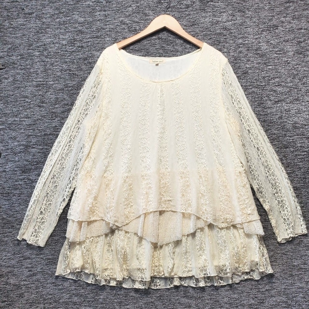 Indigo Soul Tunic Blouse Womens XL Cream Tiered Lace Layered Coquette Boho Chic